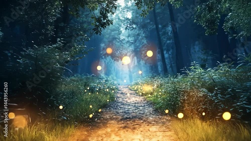 Magical forest path illuminated by glowing lights