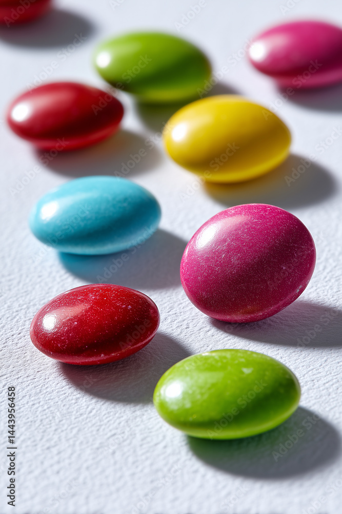 Colorful candies scattered on a light surface in artistic arrangement. Bright hues attract attention, ideal for party decorations and confectionery businesses, event planning, and marketing Colorful candies scattered on a light surface in artistic arrangement. Bright hues attract attention, ideal for party decorations and confectionery businesses, event planning, and marketing