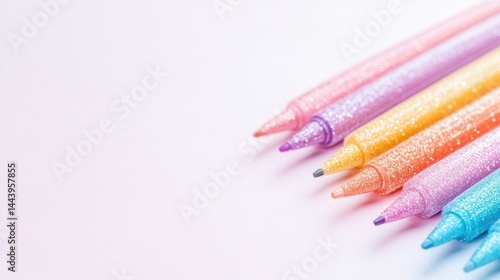Glitter Pens Rainbow Hues Soft Focus High Resolution Diagonal Close-up Arrangement Pastel Sparkle Stationery Design Bright Pink Background Ideal for Craft Blogs