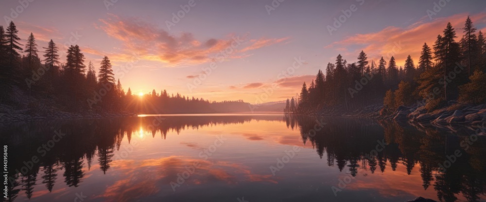 Fototapeta premium Mirror-like lake reflects a breathtaking sunset's glow , clouds, background, red
