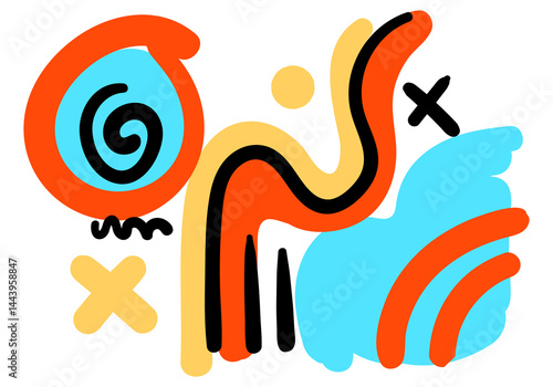 Abstract colorful pop art design with bold black lines, geometric shapes, and vibrant orange, yellow, and blue accents. 