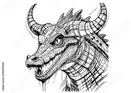 Ferocious Horned Dragon Illustration – Black Ink Line Art