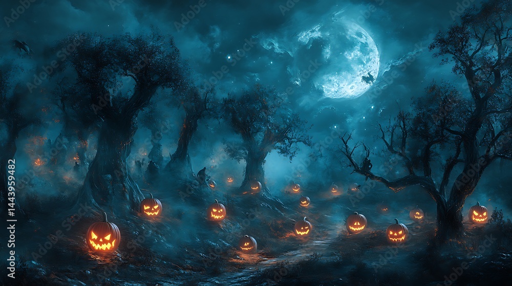 Fototapeta premium Haunted halloween forest under full moon