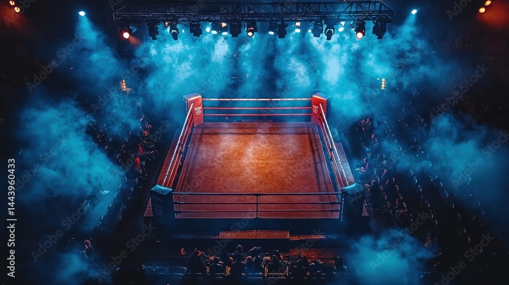 Empty boxing ring, arena lights, smoky atmosphere