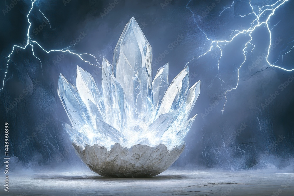 Obraz premium Powerful crystal cluster emanates ethereal light amid dramatic lightning.