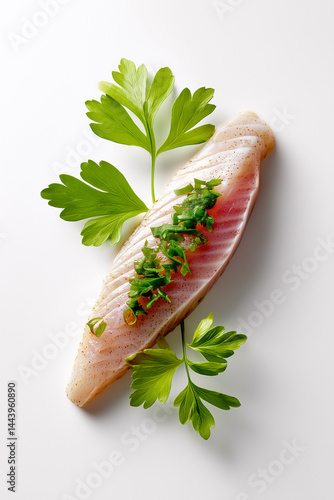 Fish fillet garnished with fresh herbs on clean white background. Bright and appealing presentation showcasing culinary artistry. Concept of restaurants, catering, food photography
