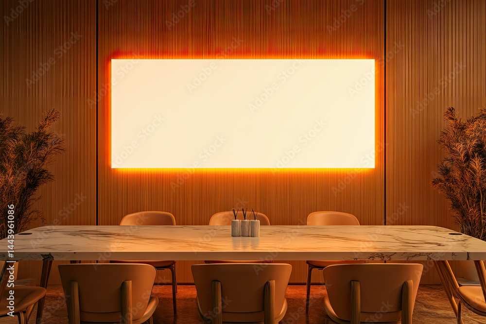Fototapeta premium A modern conference room featuring a large illuminated screen. a sleek marble table. and stylish chairs. creating a professional atmosphere for meetings and presentations