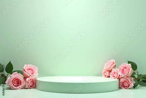 Blank podium with pink roses on green pastel background. Showcase for product, perfume, jewelry and cosmetic presentation