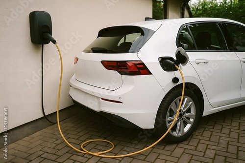 Modern white electric car charging at home wallbox station, eco-friendly energy solution for urban mobility
