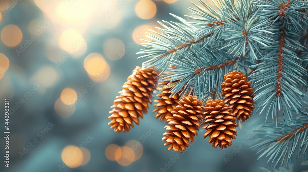 Festive pine branch with golden cones