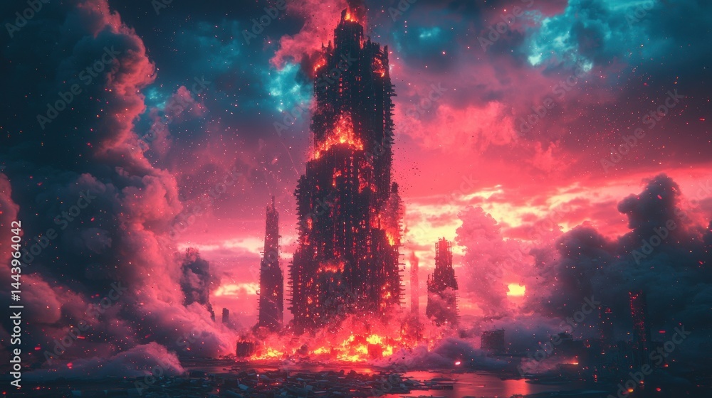 Fiery, apocalyptic tower