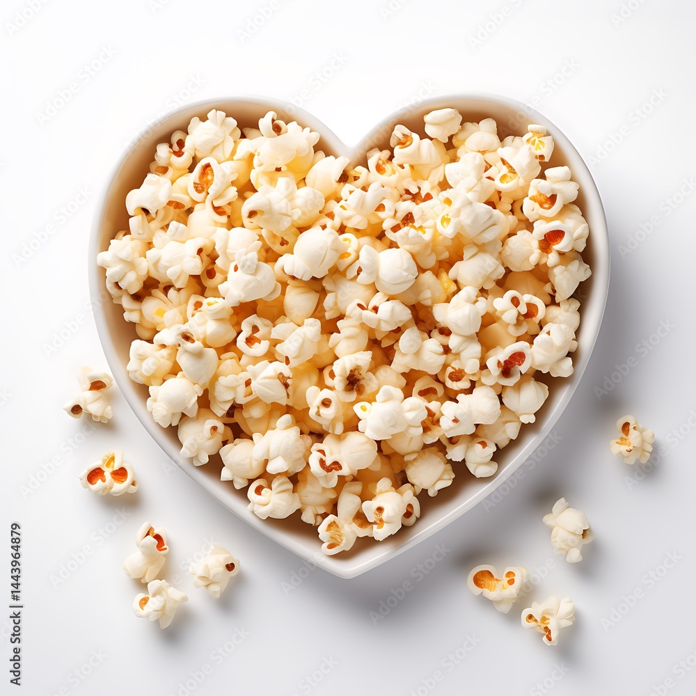 A heart-shaped bowl of popcorn on a white background A heart-shaped bowl of popcorn on a white background
