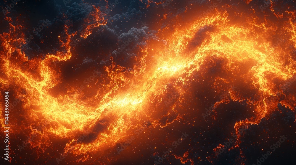 Fiery cosmic clouds swirling in a dramatic, chaotic display of flames Fiery cosmic clouds swirling in a dramatic, chaotic display of flames