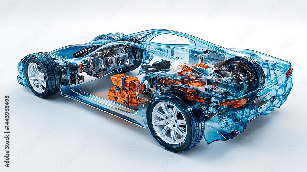 Transparent electric car concept with visible internal engine components and futuristic vehicle design
Transparent electric car concept with visible internal engine components and futuristic vehicle design