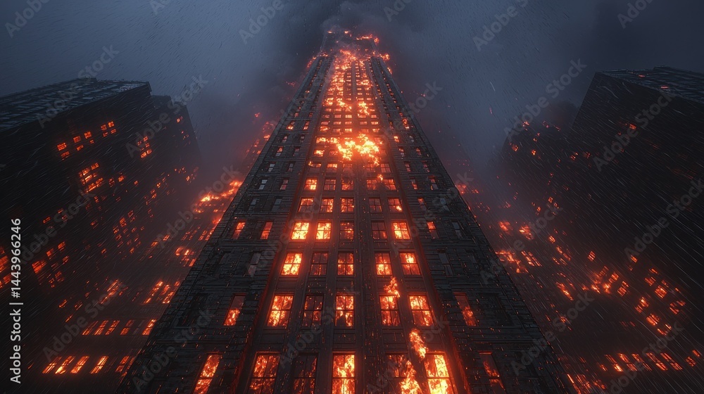 Fiery skyscraper ablaze at night