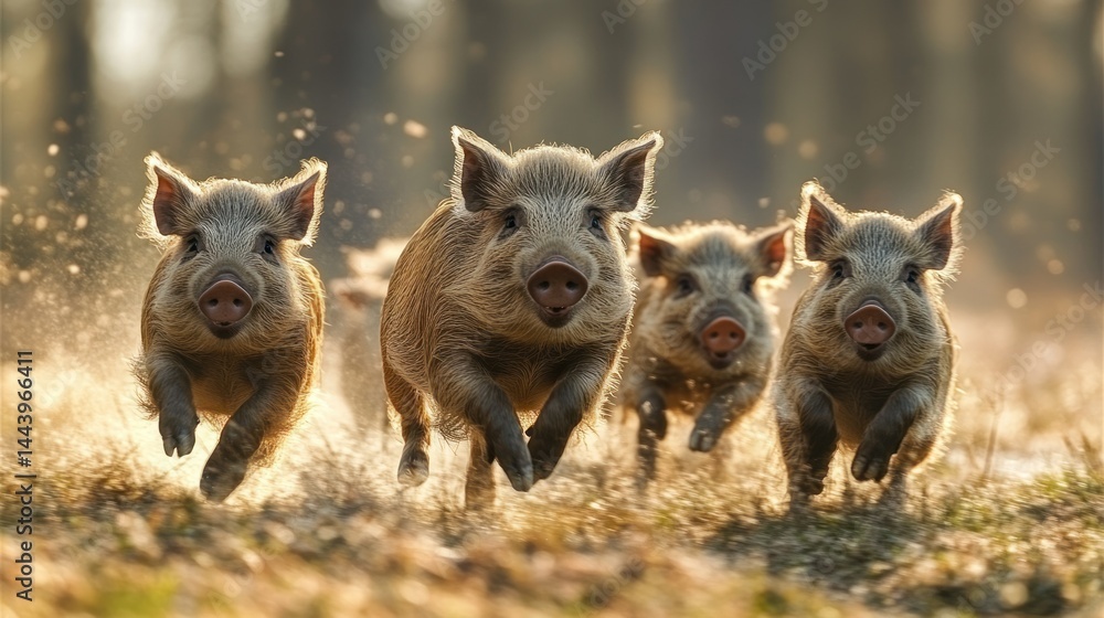 Wild piglets running in a forest Wild piglets running in a forest