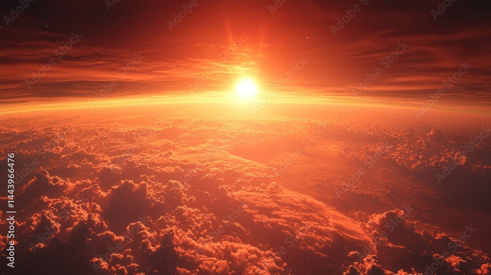 Fiery sunset over a cloudy alien planet
