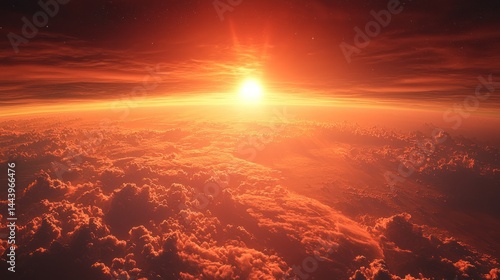 Fiery sunset over a cloudy alien planet