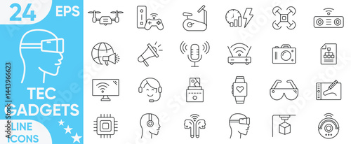 Tech gadgets icon set.Smart phone, tablet, laptop, watch, includes, devices, headphones, smart TV, gaming, drone, camera, speaker, USB, power bank and more.Vector and illustrator set.