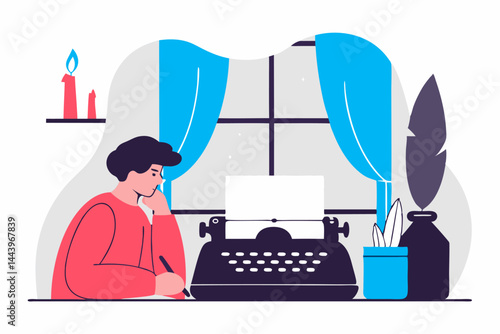 A colorful illustration of a person sitting at a desk with a typewriter, paper, pen, inkwell with a quill, and a lit candle, suggesting writing, creativity, or a writer's workspace.