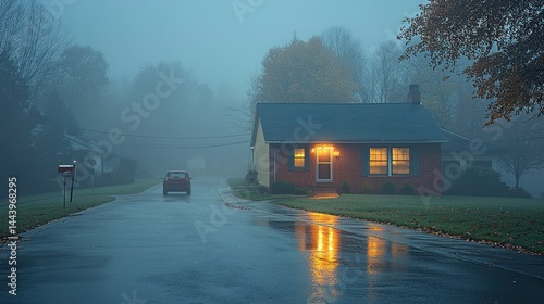 Foggy, rainy suburban street at night