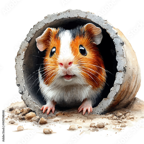 Guinea Pig Popping Out Of A Tunnel, vector watercolor illustration, isolated on a white background.