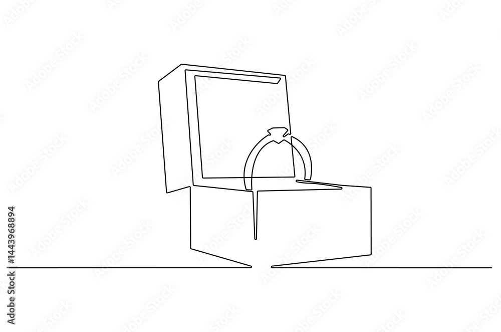 Continuous one line drawing of Opened ring box with ring. Single line drawing illustration of Wedding ring. Married or marriage concept vector art. Doodle line illustration.