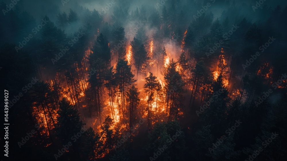 Forest fire engulfs trees