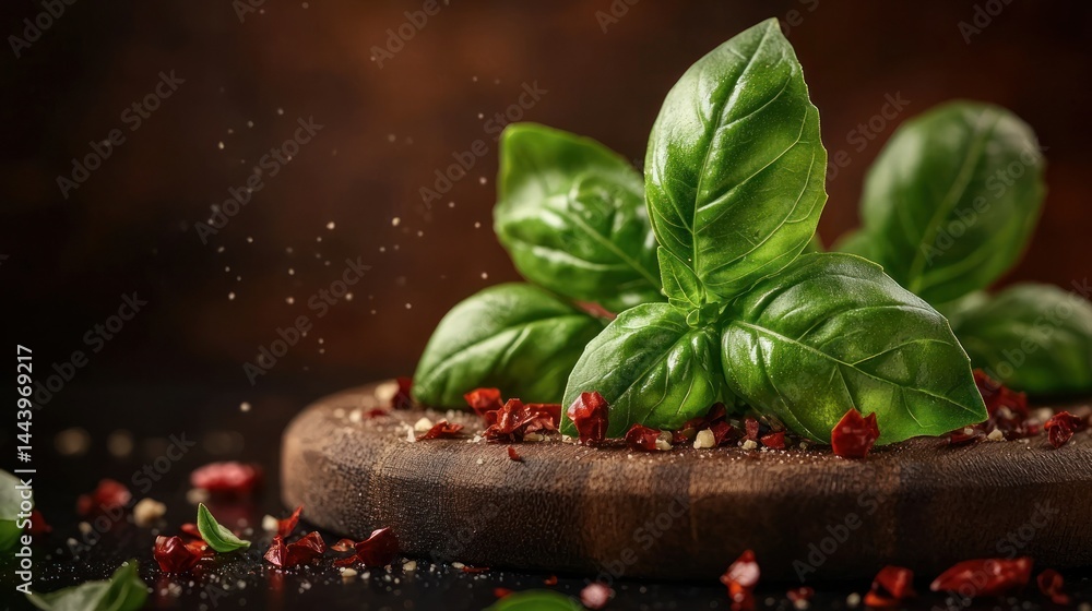 Fresh basil leaves and spices on a wooden board