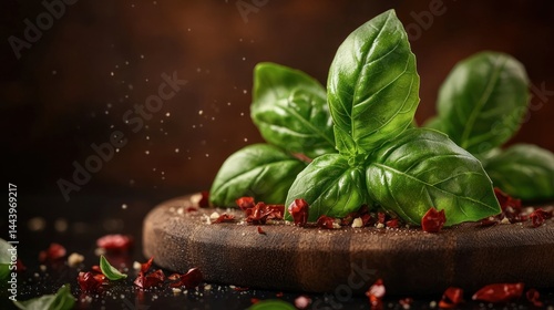 Obraz na płótnie Fresh basil leaves and spices on a wooden board w salonie