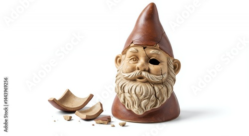 Broken Ceramic Garden Gnome with Brown Chipped Paint and Fractured Texture Isolated on White Screen Background Symbolizing Fragility Repair and Reuse Promotion for Decoration Recycle Ads