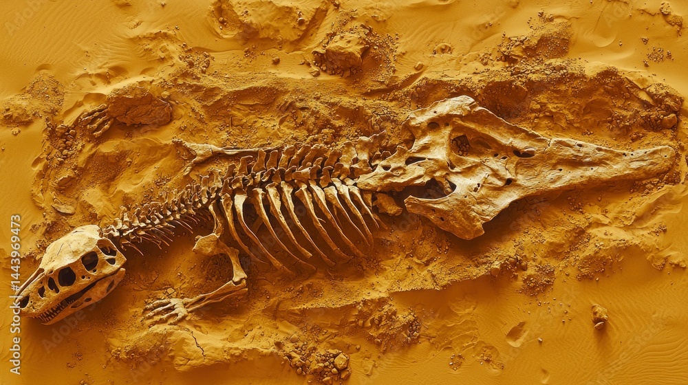 Fossilized reptile skeleton in sand
