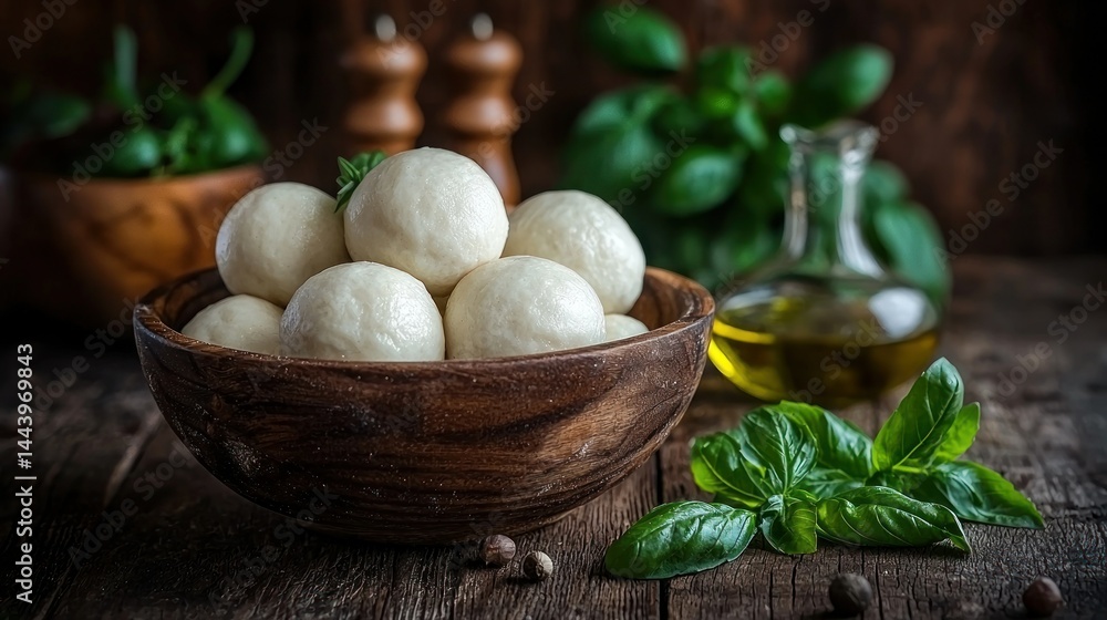 Fresh dough balls in a wooden bowl