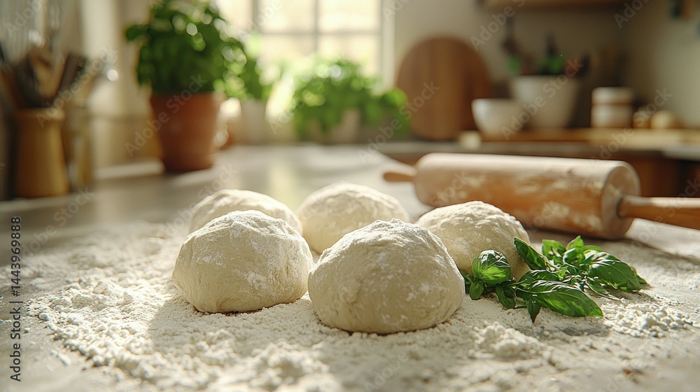 Fresh dough balls on countertop