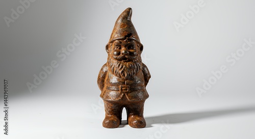 Rusty Weathered Garden Gnome Figure Displaying Extensive Corrosion Isolated on White Screen Background Perfect for Decoration or Illustrating Themes of Decay and Material Damage