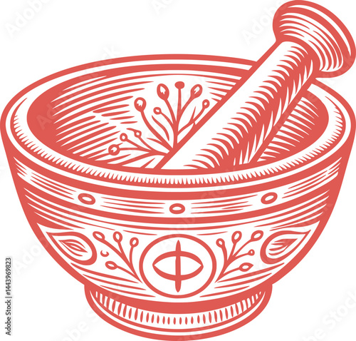 A stylized, monochromatic illustration of a mortar (bowl) and pestle (grinding tool), decorated with botanical and geometric designs.