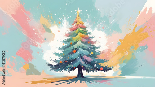 Abstract oil painting of Christmas tree, pastel colors splash

