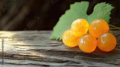 Fresh, golden grapes on wood