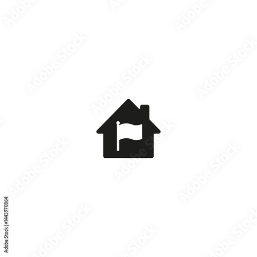 Black house icon with white flag inside, symbol of location, marker, identity, territory signal or conquest in a domestic or digital environment.