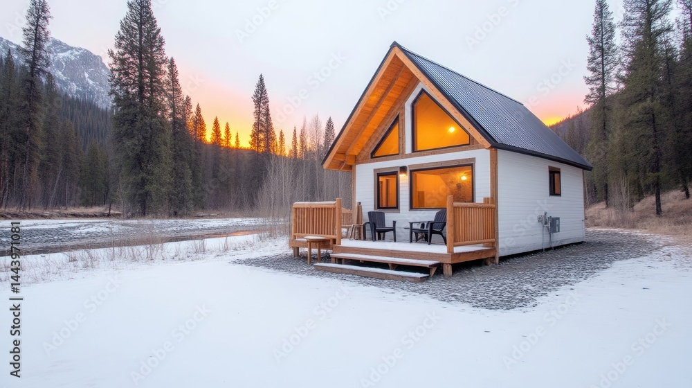 Cozy mountain cabin nestled in a snowy landscape at sunset, featuring a deck and river view. Cozy mountain cabin nestled in a snowy landscape at sunset, featuring a deck and river view.