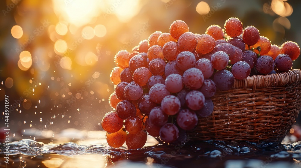Fresh red grapes in a basket at sunset