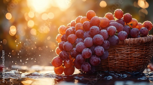 Obraz na płótnie Fresh red grapes in a basket at sunset w salonie