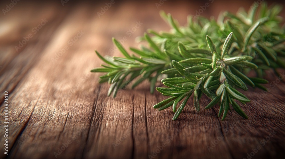 Fresh rosemary sprigs on a wooden table