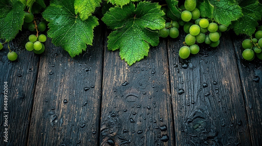 Fresh green grapes on dark wooden planks