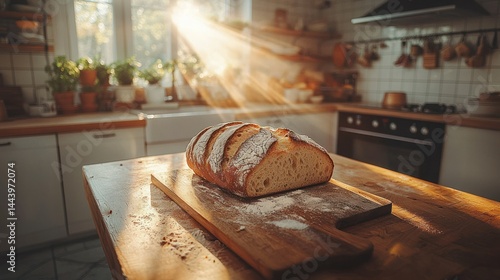 Freshly baked loaf of bread on a wooden cutting board in a sunlit kitchen