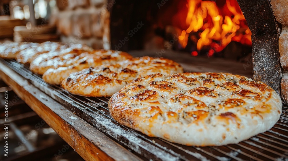 Freshly baked flatbreads in a wood-fired oven