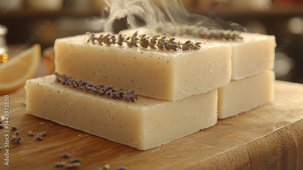Freshly made lavender soap bars, fragrant and ready