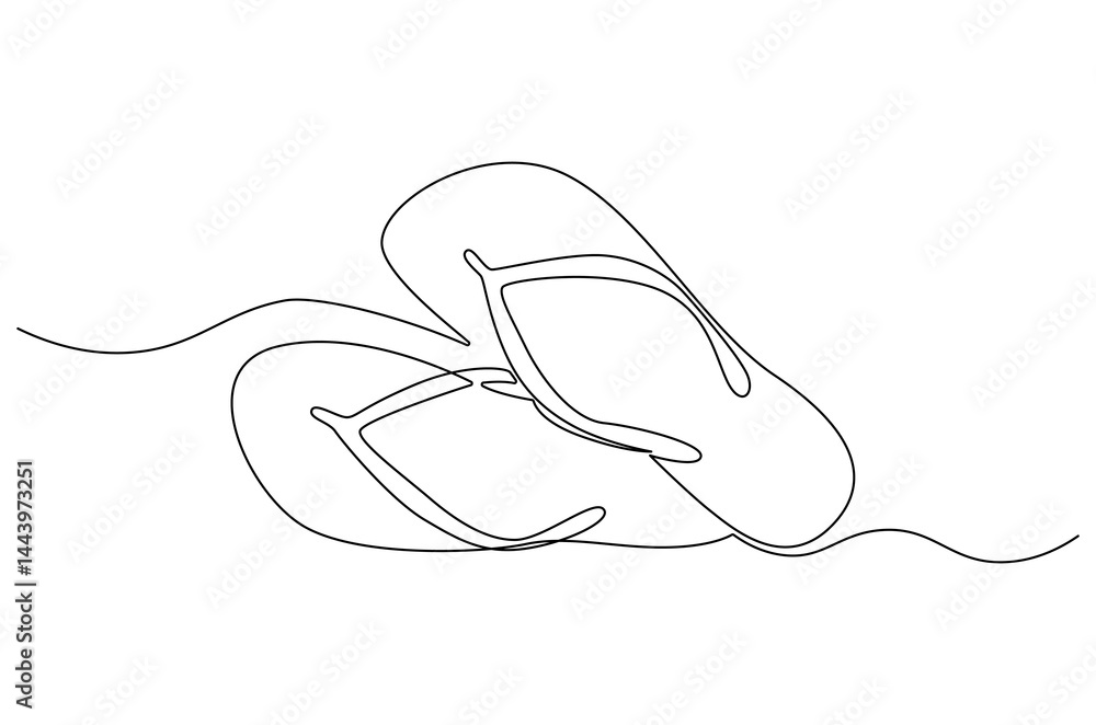 Continuous one line drawing of Flip flops. Single line drawing illustration of flip-flops sandals on the beach. Summer beach concept vector art. Doodle line illustration. Continuous one line drawing of Flip flops. Single line drawing illustration of flip-flops sandals on the beach. Summer beach concept vector art. Doodle line illustration.