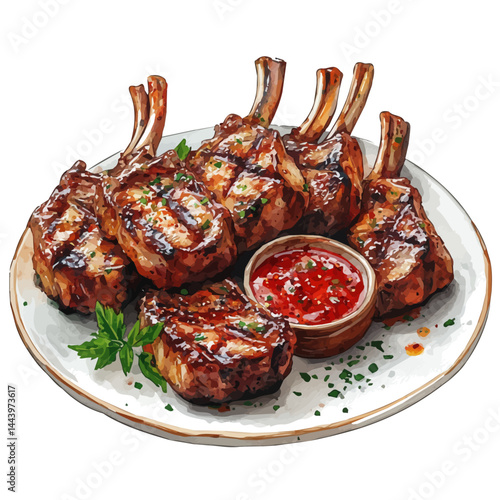 illustration of Grilled Lamb Chops With Mint Sauce, watercolor vector, isolated on a white background.