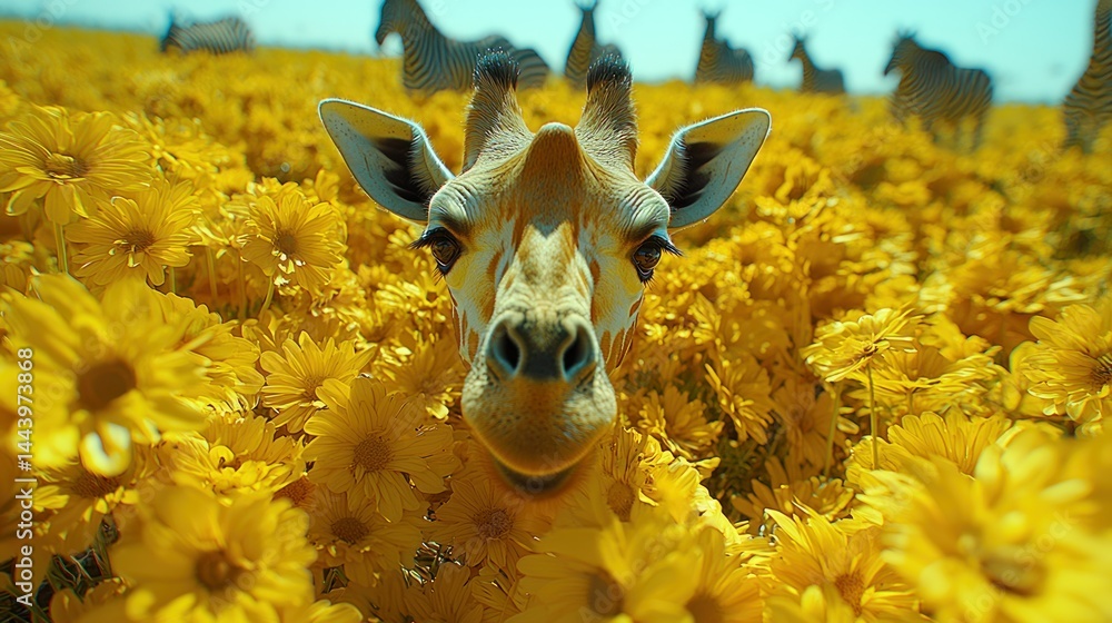 Giraffe amidst vibrant yellow flowers